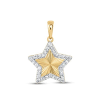 The 1/6CTW Natural Diamond Star Pendant in 10K gold features a gold star with a textured center, a diamond-accented border, and a gold bail—an elegant choice for any necklace.