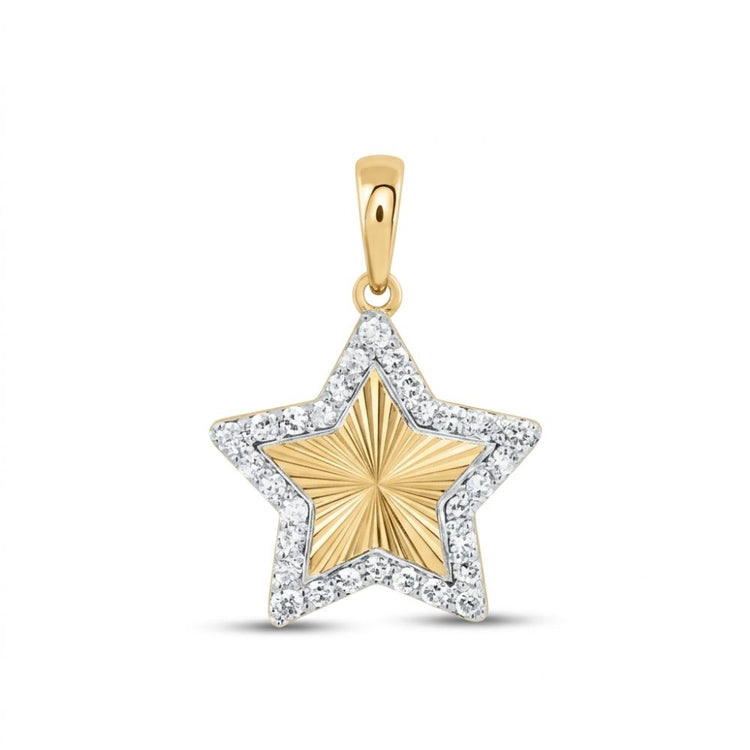 The 1/6CTW Natural Diamond Star Pendant in 10K gold features a gold star with a textured center, a diamond-accented border, and a gold bail—an elegant choice for any necklace.