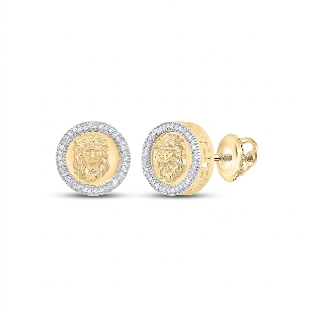 These 1/4CTW Diamond Lion Stud Earrings for Men in 10K yellow gold feature a raised lion head centerpiece, surrounded by sparkling white diamonds and finished with secure screw-back closures.