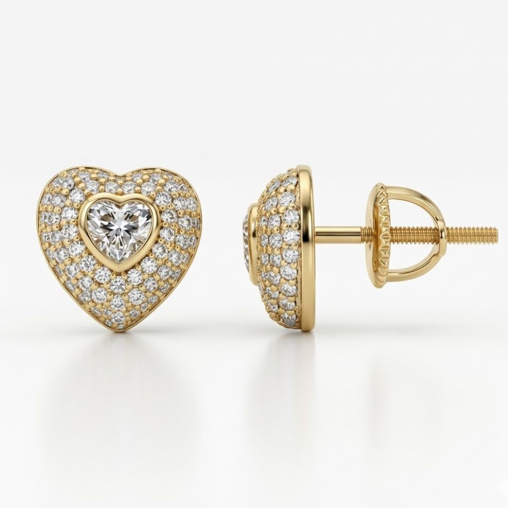 Yellow-Tone Moissanite Heart Stud Earrings in sterling silver, featuring heart shapes accented with sparkling moissanite stones. These earrings have a secure screw-back closure and are displayed against a white background.