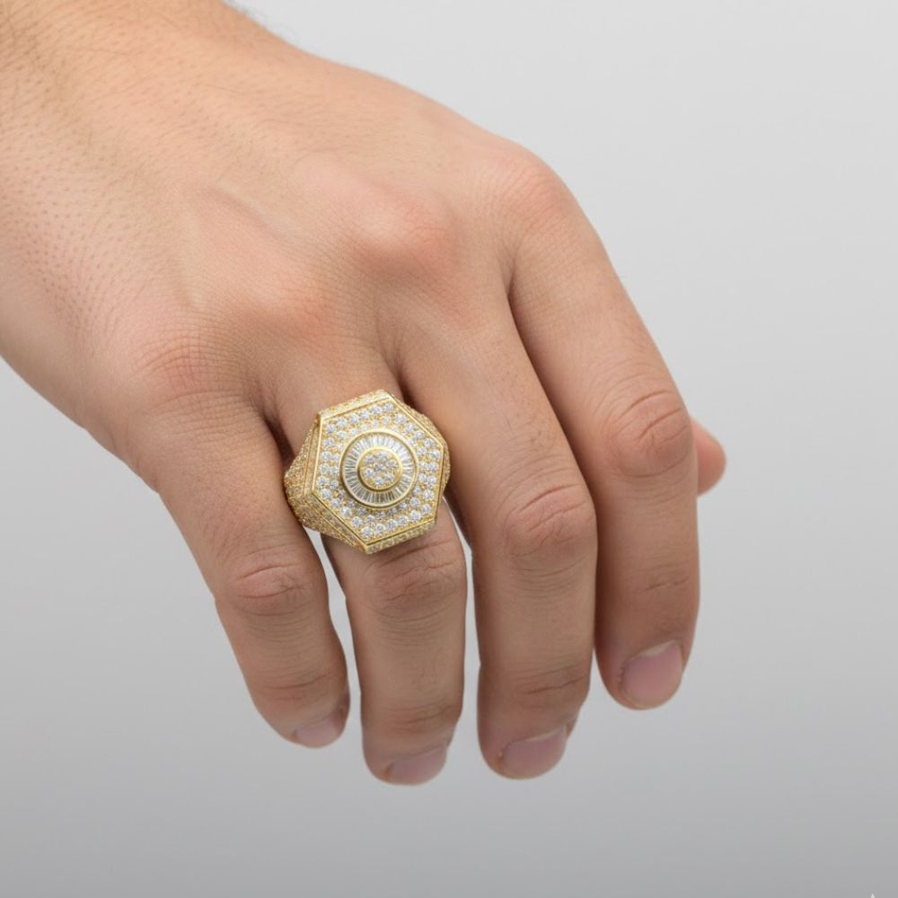 A hand wearing the Round Cluster Gold Ring, crafted in 10K gold and adorned with sparkling CZ stones, shines brilliantly against a plain light background.