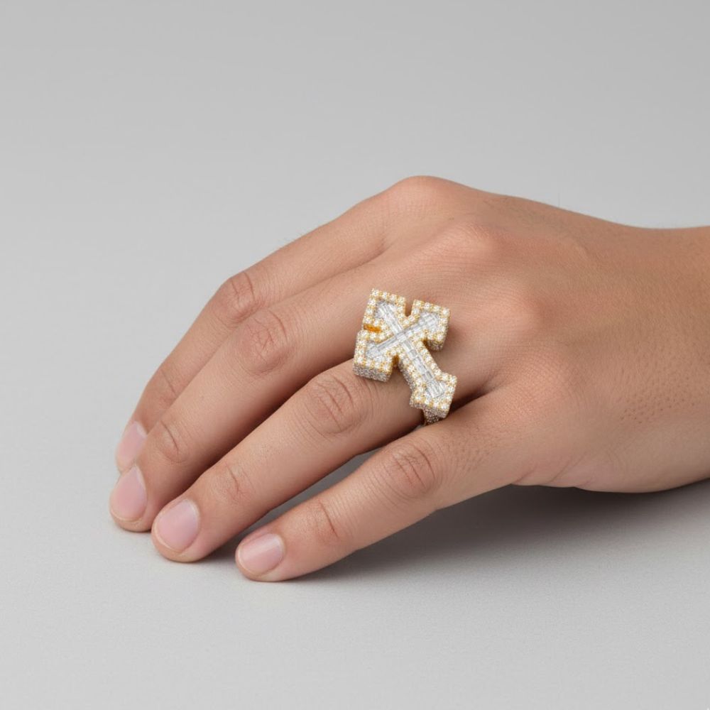 A hand showcases the 4.12 CTW Cross Cluster Diamond Ring in 14K Gold, a striking statement men's ring, against a simple gray background.
