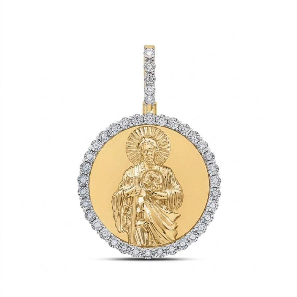 The Sterling Silver St. Jude Diamond Pendant 1/6 CTW showcases a raised St. Jude at the center, bordered by sparkling diamonds and finished with a matching diamond-accented bail at the top.