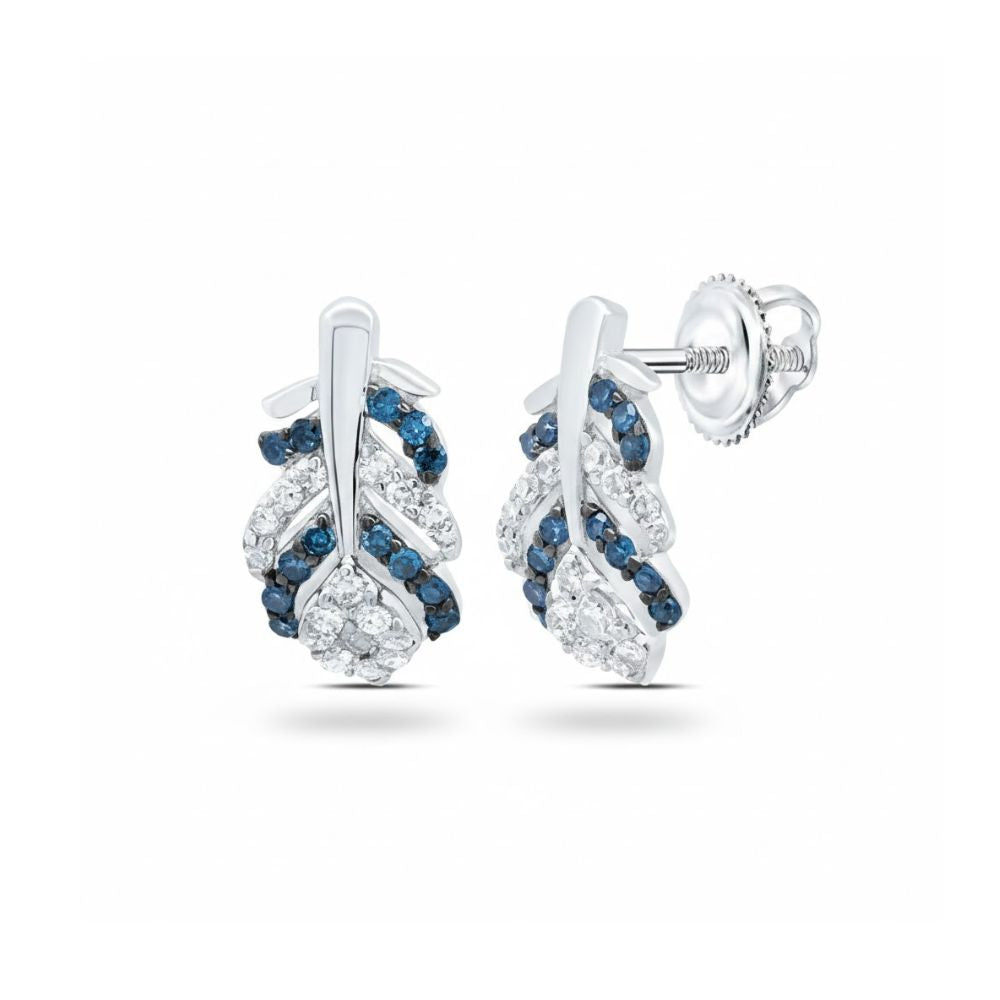 The 1/6CTW NAT DIA Peacock Feather Stud Earrings feature a leaf-inspired design with alternating rows of blue and white gemstones set in silver, finished with secure screw-back posts.