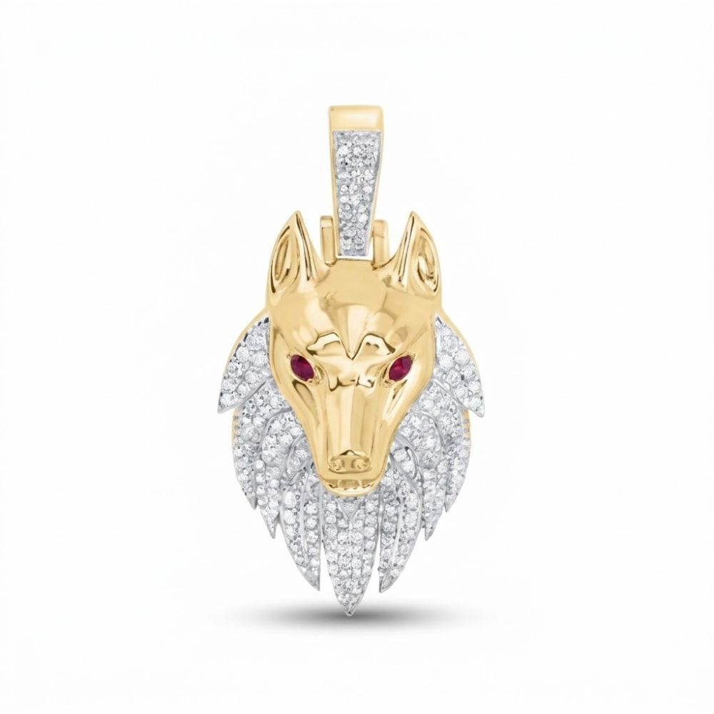 A bold men's accessory, the 10k Gold Wolf Charm features a gold face and ears, ruby-inspired eyes, a mane set with 7/8CTW diamonds and white crystals, plus a crystal-studded bail for added brilliance.