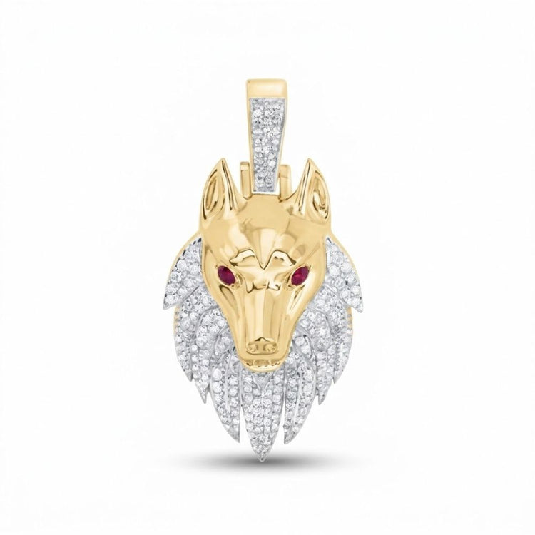 A bold men's accessory, the 10k Gold Wolf Charm features a gold face and ears, ruby-inspired eyes, a mane set with 7/8CTW diamonds and white crystals, plus a crystal-studded bail for added brilliance.