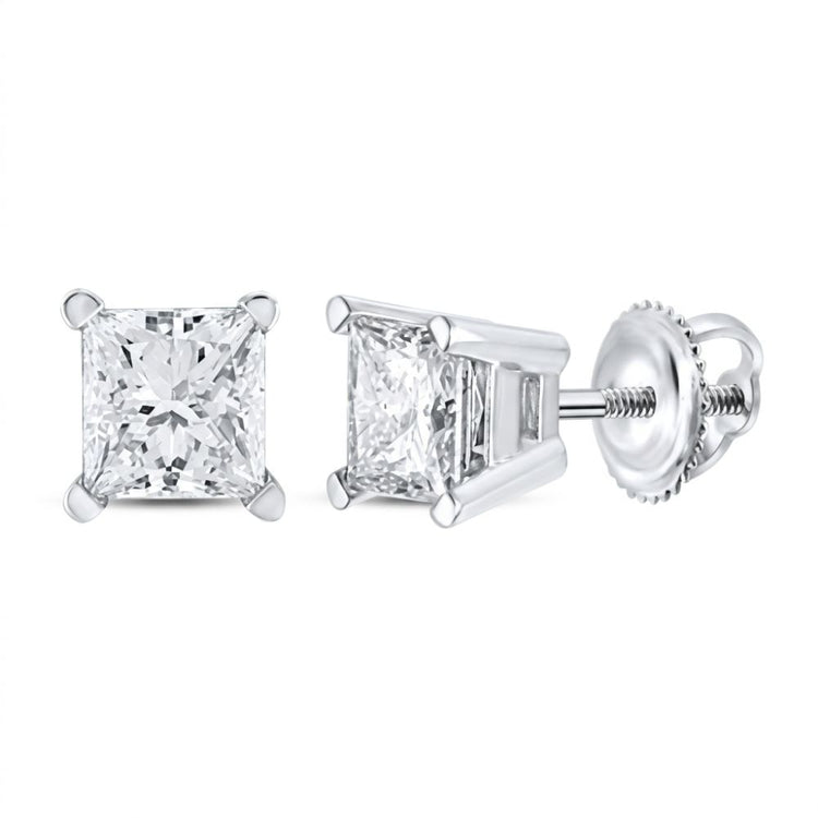 The 1CTW Princess Diamond Solitaire Stud Earrings feature sparkling princess-cut diamonds in 14k white gold prong settings with secure screw-back posts, shown against a white background.