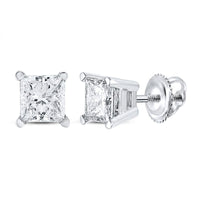 The 1CTW Princess Diamond Solitaire Stud Earrings feature sparkling princess-cut diamonds in 14k white gold prong settings with secure screw-back posts, shown against a white background.