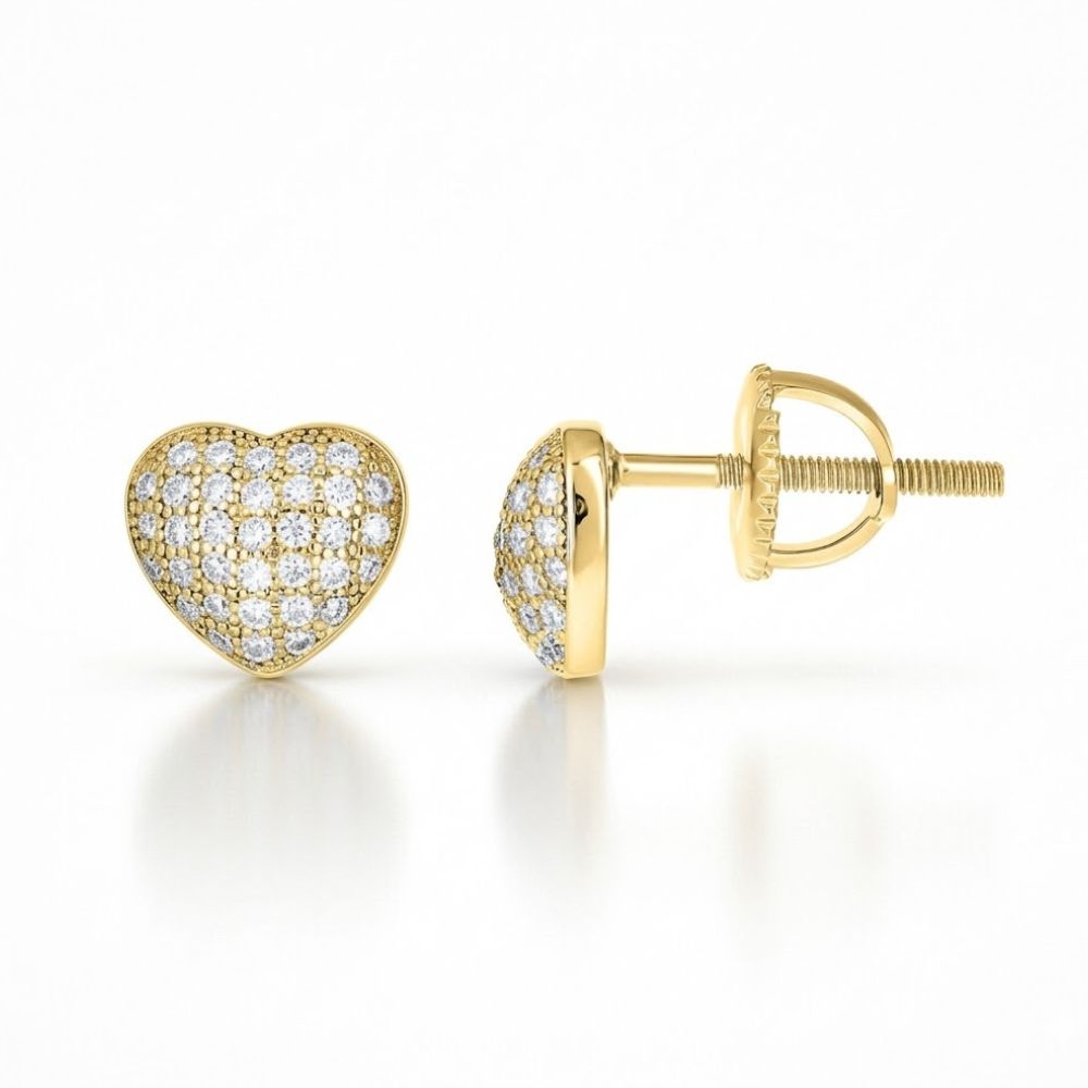 Yellow-Tone Moissanite Heart Stud Earrings with screw backs, featuring sparkling white gemstone accents, displayed against a white background.