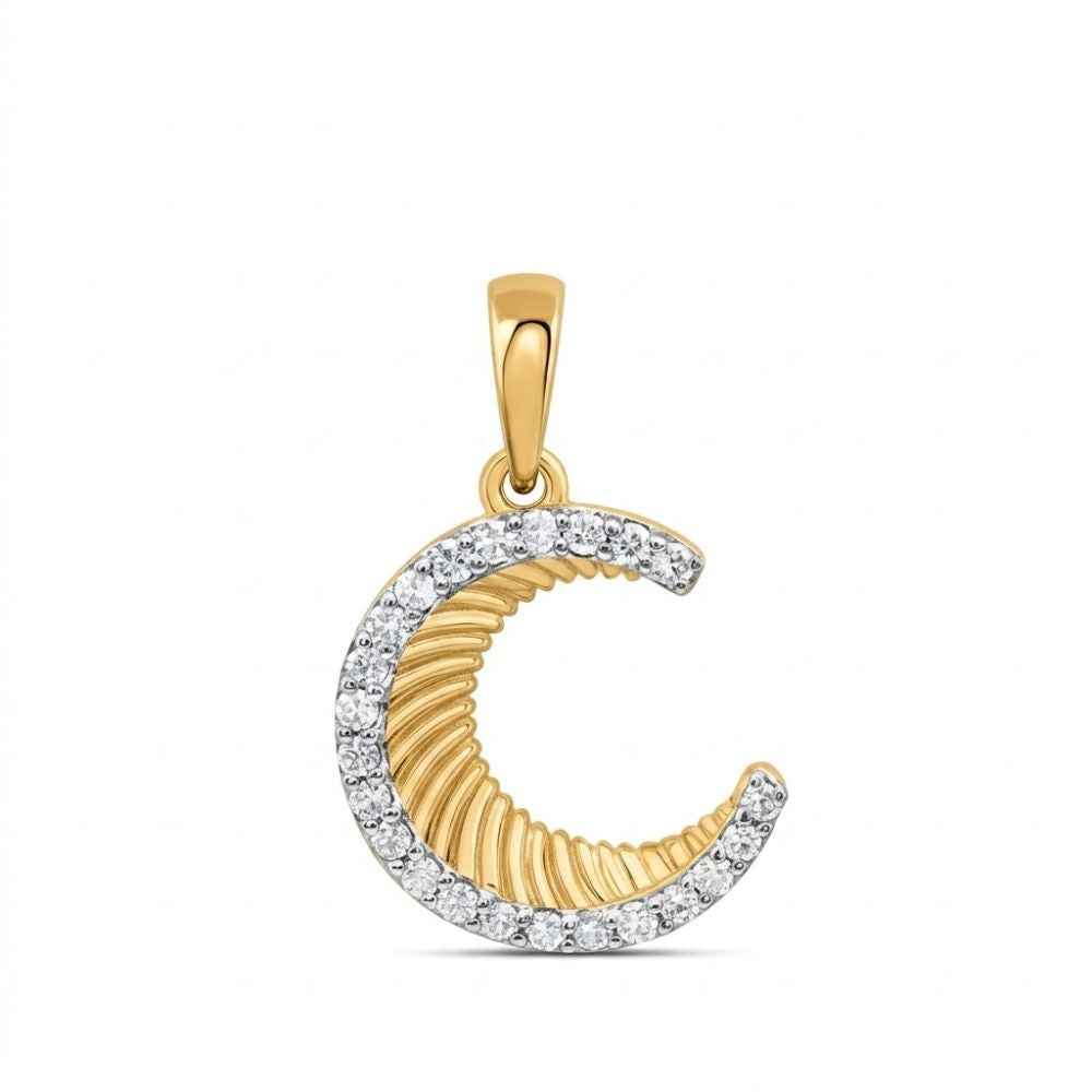 A 1/8CTW Diamond Moon Pendant in 10K yellow gold, featuring a textured inner curve and a row of small diamonds along the outer edge, displayed on a white background.