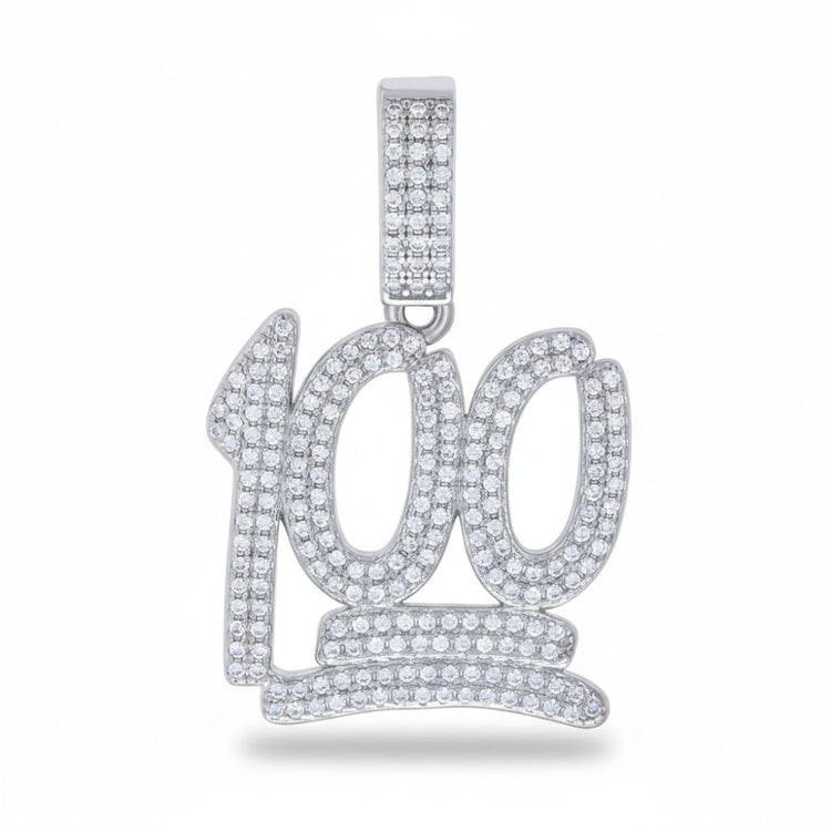 The Moissanite Score 100 Fashion Charm Pendant features a polished silver-tone finish, sparkling white stones in a "100" emoji design, and a rectangular stone-encrusted bail for standout fashion jewelry style.