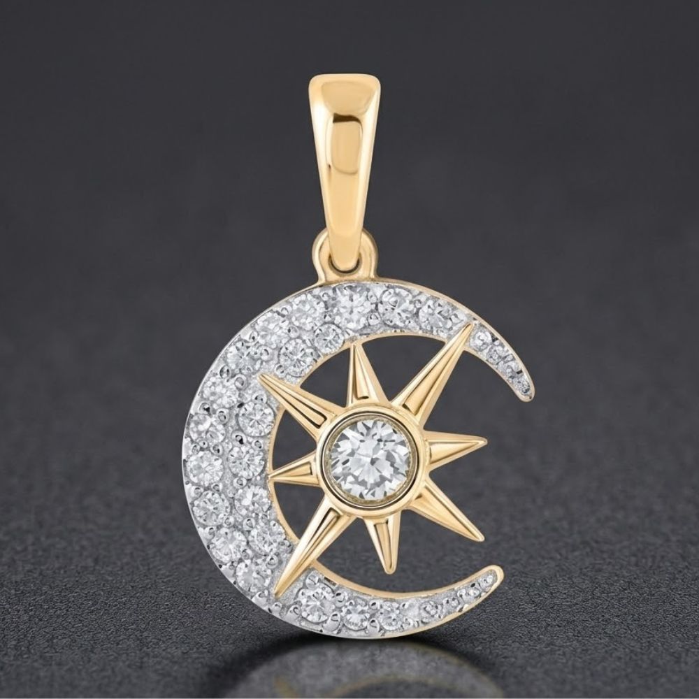 This 10k Gold Diamond Crescent Moon Star Pendant (1/4 CTTW) in yellow gold features sparkling diamonds on a crescent moon and an eight-pointed star with a larger central gem, all set against a dark background.