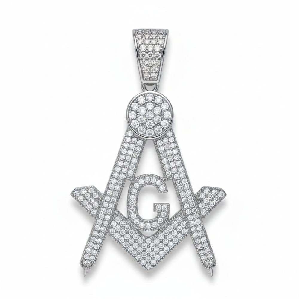 The Moissanite Masonic Religious Charm Pendant showcases the iconic square and compass with a central G, adorned with moissanite stones and a diamond-studded bail—a brilliant homage to Freemasonry.