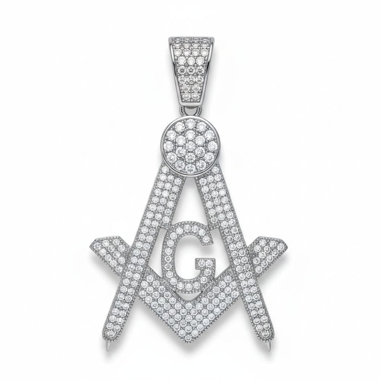 The Moissanite Masonic Religious Charm Pendant showcases the iconic square and compass with a central G, adorned with moissanite stones and a diamond-studded bail—a brilliant homage to Freemasonry.