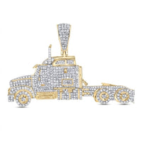 The 10k Yellow Gold Diamond Truck Charm 1 1/4 Cttw features a semi-truck shape with detailed wheels, cab accents, sparkling diamonds, and a large bail—an eye-catching piece of truck jewelry for men.
