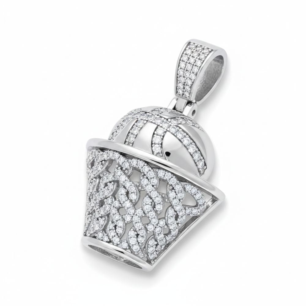 A Moissanite Basket Ball Sports Charm Pendant sparkles brilliantly against a white background, featuring intricate designs and encrusted with VVS moissanite stones.