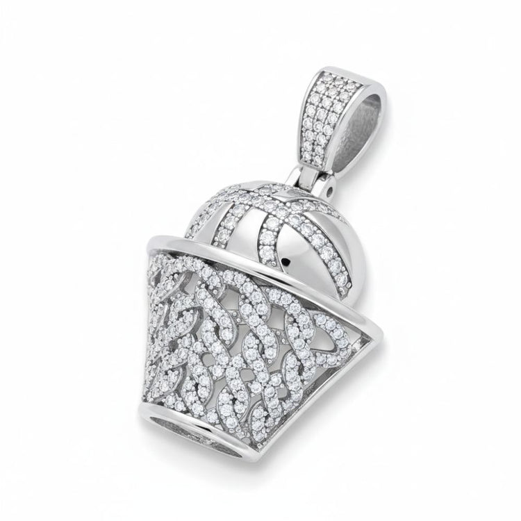 A Moissanite Basket Ball Sports Charm Pendant sparkles brilliantly against a white background, featuring intricate designs and encrusted with VVS moissanite stones.