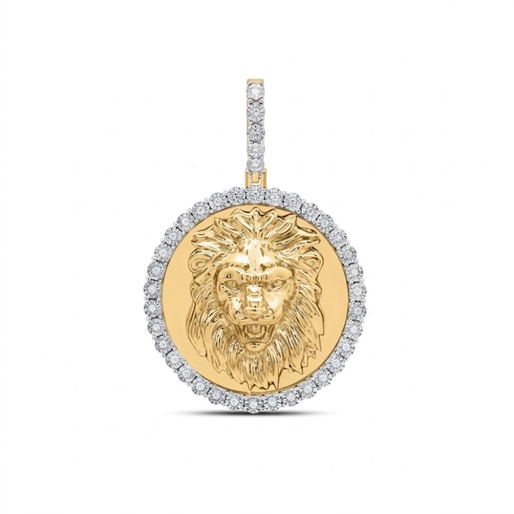 The Lion Face Round Pendant Sterling Silver 1/6 CTW showcases a detailed lion’s head at the center, encircled by sparkling diamonds and a diamond-encrusted bail, all set in sterling silver against a white background.