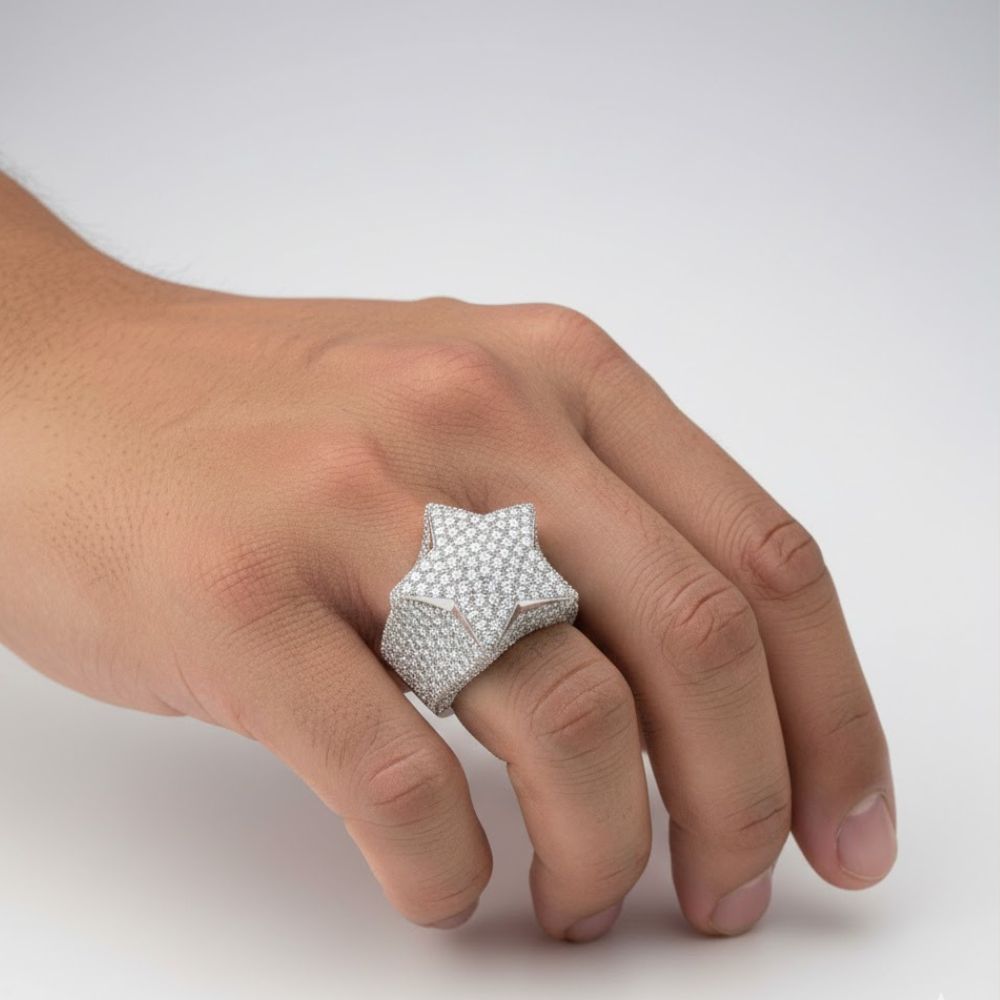 A hand displays the 7.03 CTW Lab Diamond Star Ring in 14K white gold, encrusted with sparkling lab diamonds, set against a plain white background.