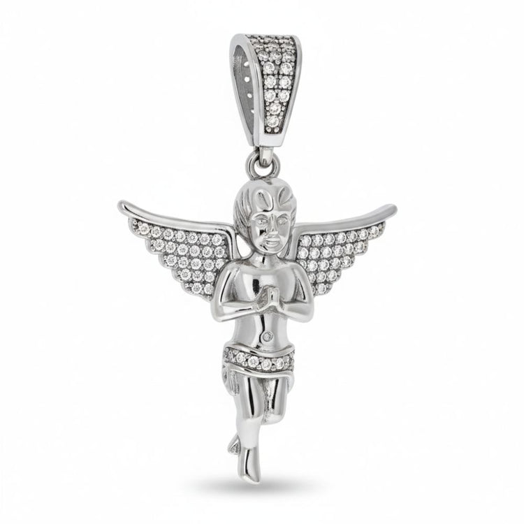 The Moissanite Angel Charm Pendant features an angel in a praying pose with detailed facial features and curled hair, crafted from 925 sterling silver and encrusted with VVS moissanite stones on its wings, belt, and bail.