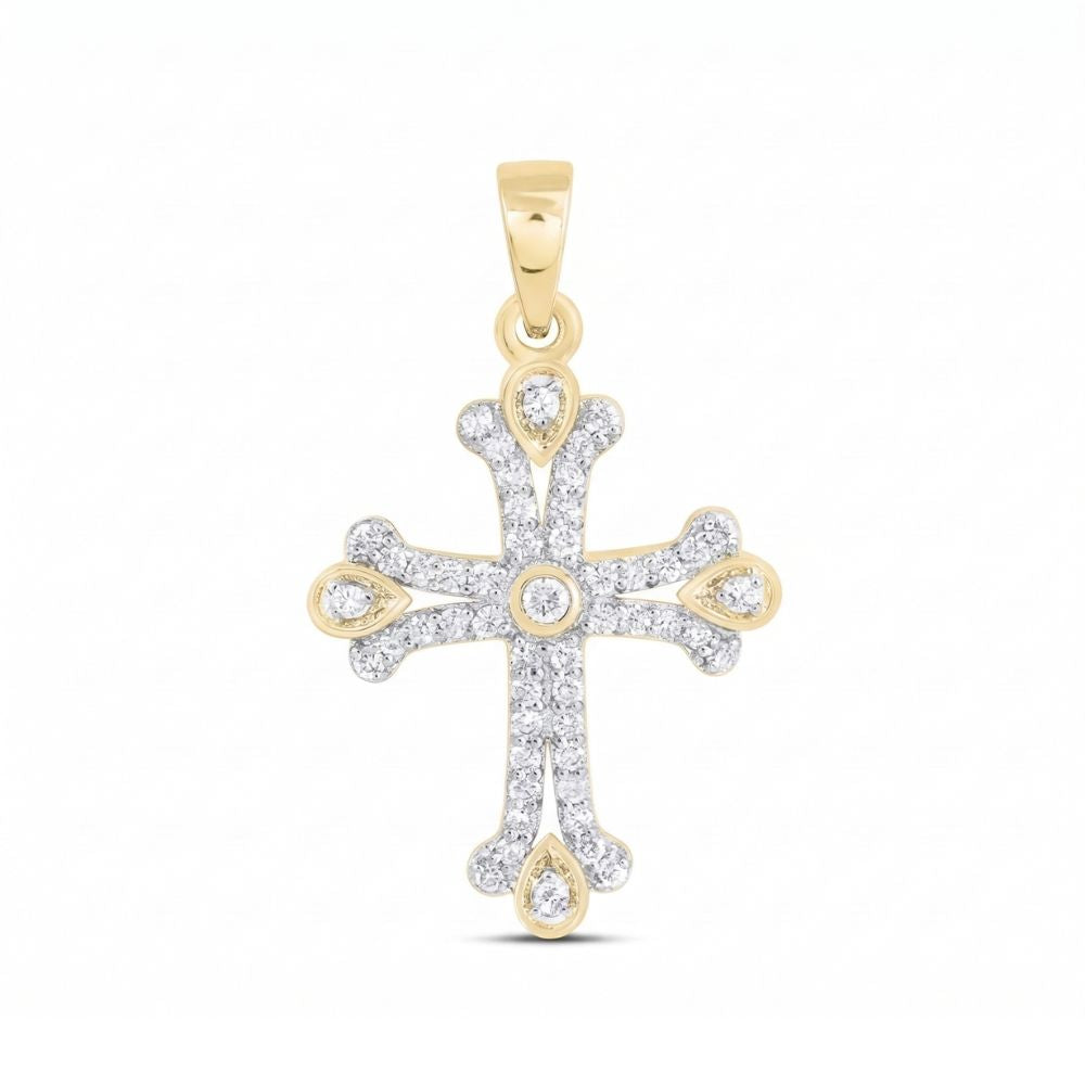 The 1/4CTW Diamond Cross Pendant in 10K Yellow Gold features small diamonds with rounded edges and teardrop-shaped gold accents—an elegant expression of faith, shown against a plain white background.