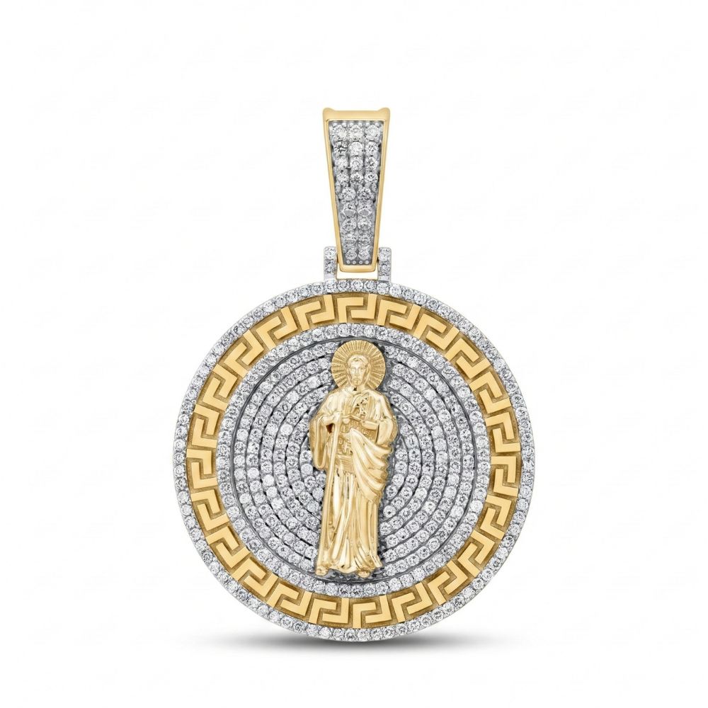 The 1 3/4CTW St. Jude Diamond Charm in 10k gold features a central gold saint, a Greek key border, and shimmering diamonds, blending yellow gold and silver for a striking men's pendant.