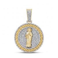 The 1-3/4CTW St. Jude Diamond Charm in 10k Gold showcases a central saint figure, Greek key border, concentric diamond rows, and a sparkling diamond-studded bail for an elegant men's pendant.
