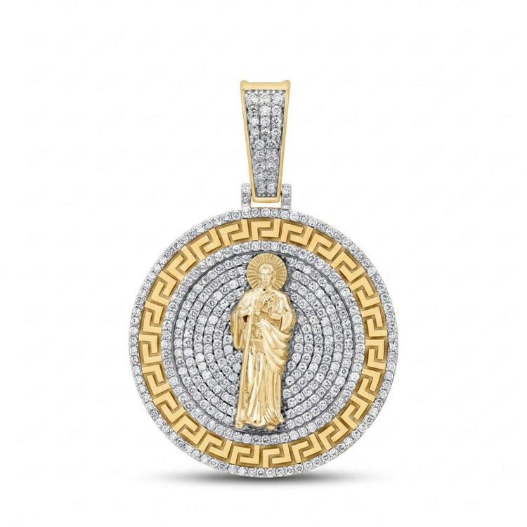 The 1-3/4CTW St. Jude Diamond Charm in 10k Gold showcases a central saint figure, Greek key border, concentric diamond rows, and a sparkling diamond-studded bail for an elegant men's pendant.