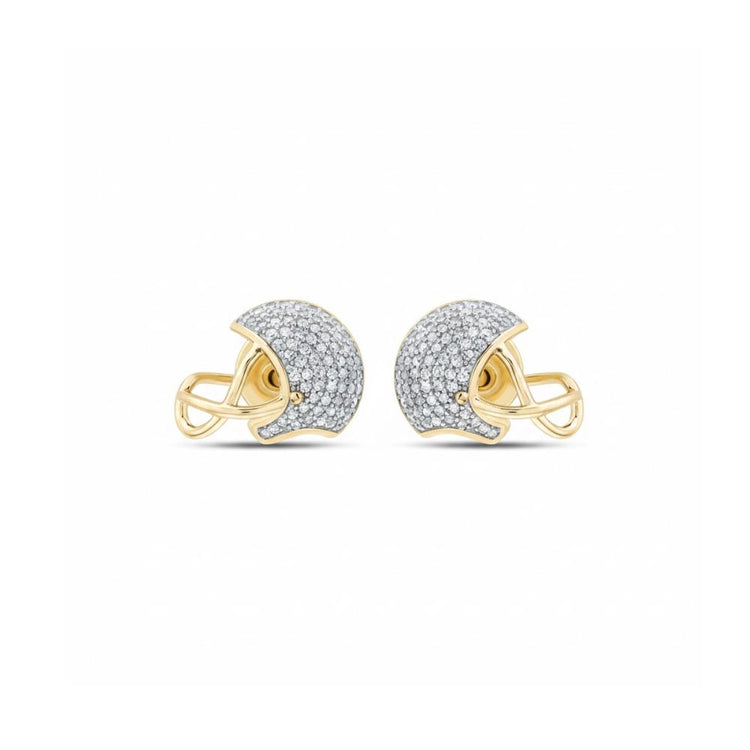 3/8CTW Round Diamond Football Helmet Fashion Stud Earrings in 10K yellow gold, set with shimmering diamonds, displayed on a plain white background.