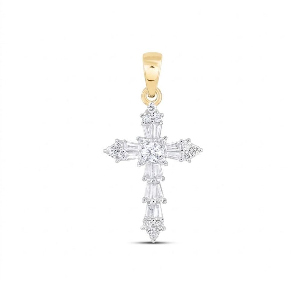 The 1/4CTW Natural Diamond Cross Pendant in 10K gold features sparkling natural diamonds in various shapes for a radiant, elegant look, showcased against a plain white background.