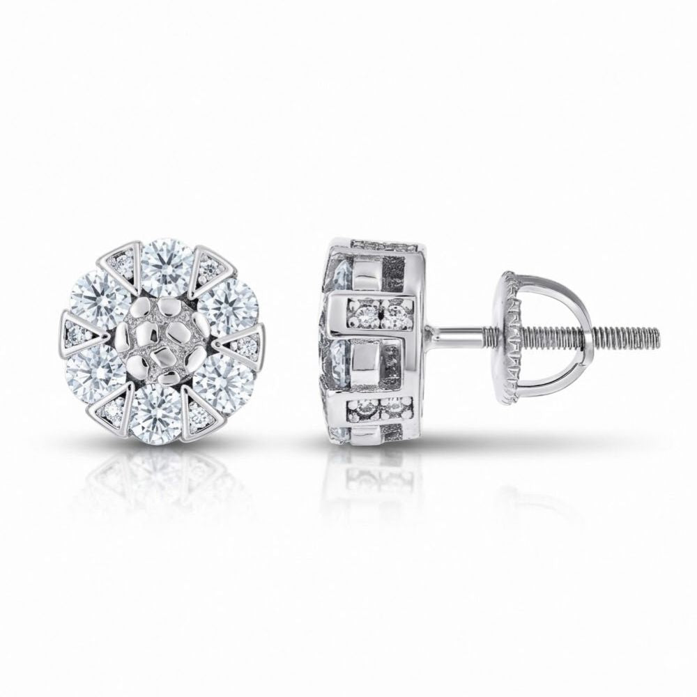 Sterling Silver Moissanite Stud Earrings for Women, featuring round, flower-shaped studs with screw-back design, displayed from front and side angles on a white background.