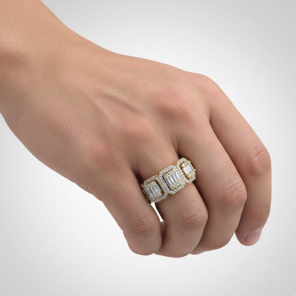 A hand wears two Diamond Band – 2.05 CT Baguette and Pavé Design rings on the middle and ring fingers, set against a plain light background.