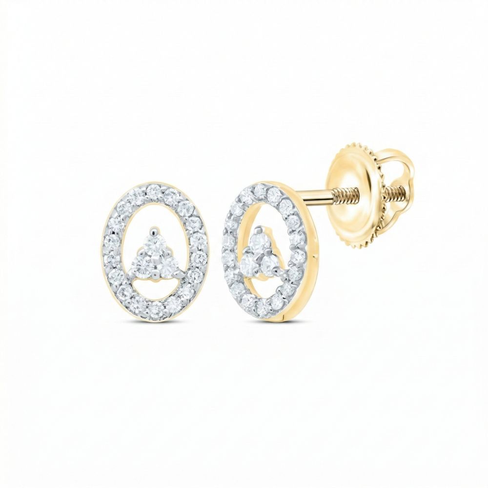 These 1/6CT natural diamond oval earrings in 10k gold feature open oval frames with round diamonds along the edges and three clustered diamonds at the center, secured with screw-back posts.
