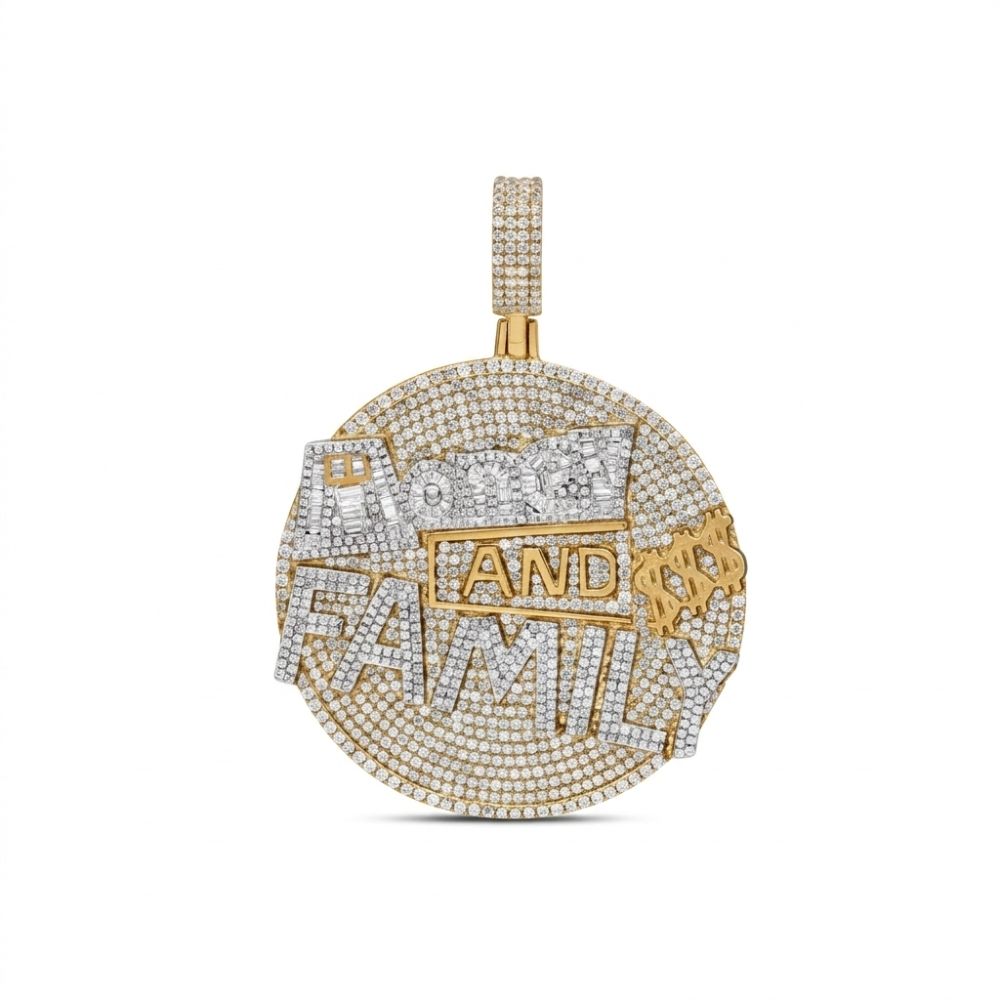 The 4 5/8CTW Diamond Money & Family Men’s Charm in 10K gold showcases “MONEY AND FAMILY” in bold letters with diamond accents, cash stack images, and a gold dollar sign for a striking men’s pendant.