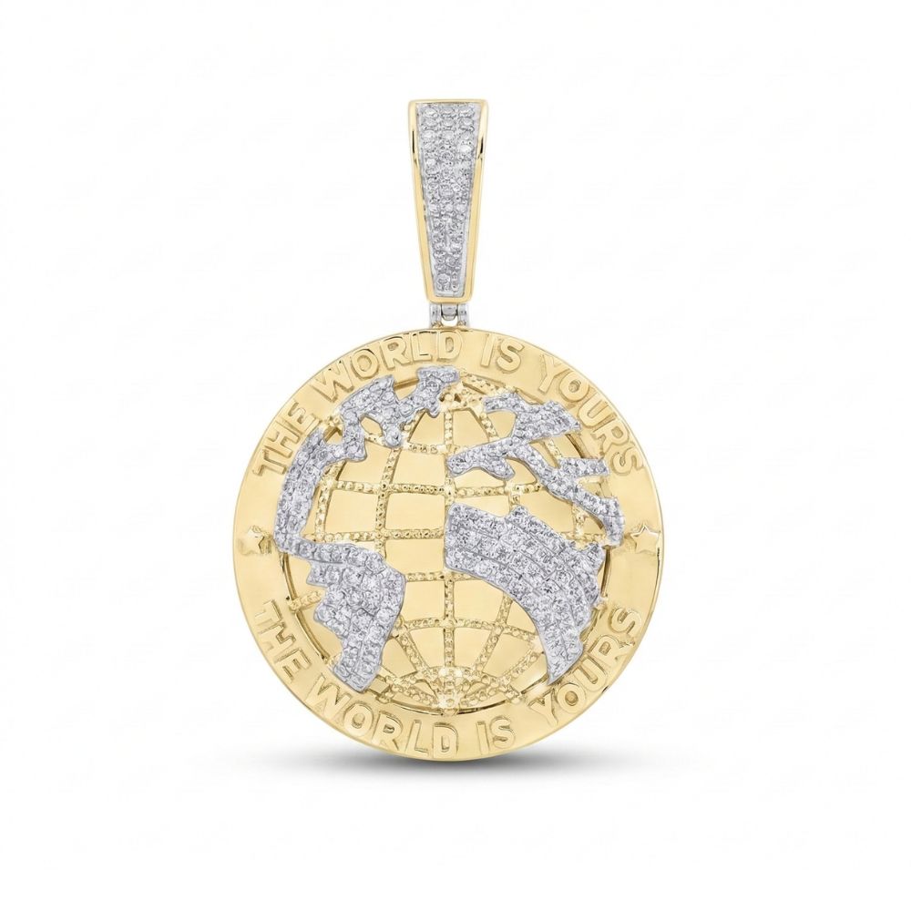The 10k Gold Diamond “The World Is Yours” Charm showcases a globe design with "THE WORLD IS YOURS" engraved twice and features shimmering diamond-encrusted continents.