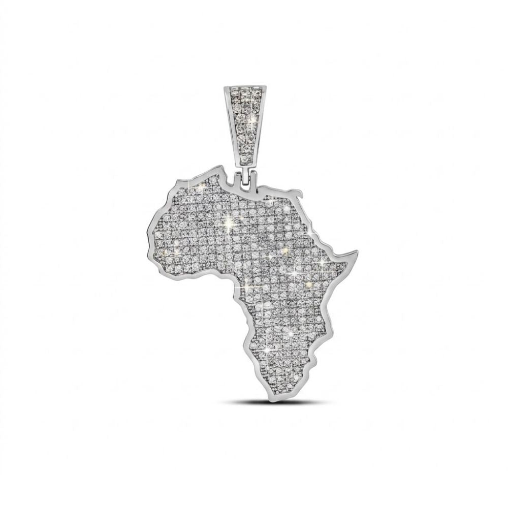 The Sterling Silver Diamond Africa Pendant 1 Cttw, shaped like the continent and adorned with sparkling diamonds, shines against a plain white background.