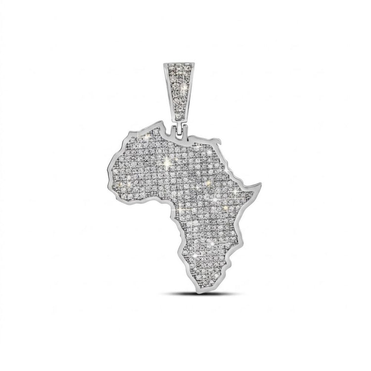 The Sterling Silver Diamond Africa Pendant 1 Cttw, shaped like the continent and adorned with sparkling diamonds, shines against a plain white background.
