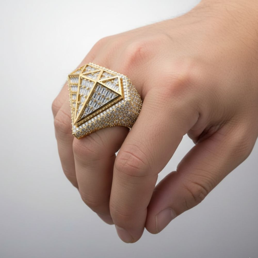 A hand displays the Radiant Diamond Shaped Ring – 6.65 CT Baguette Elegance, featuring geometric patterns and sparkling baguette stones, against a plain light background.