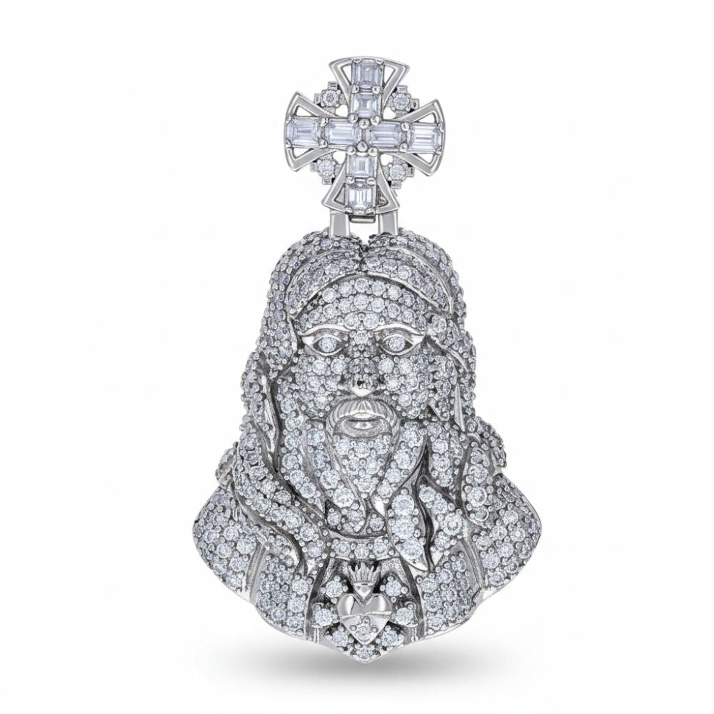The Baguette Moissanite Cross Jesus Charm Pendant features Christ’s head with detailed facial features, beard, crown of thorns, and a sparkling jeweled cross, all crafted in 925 sterling silver.