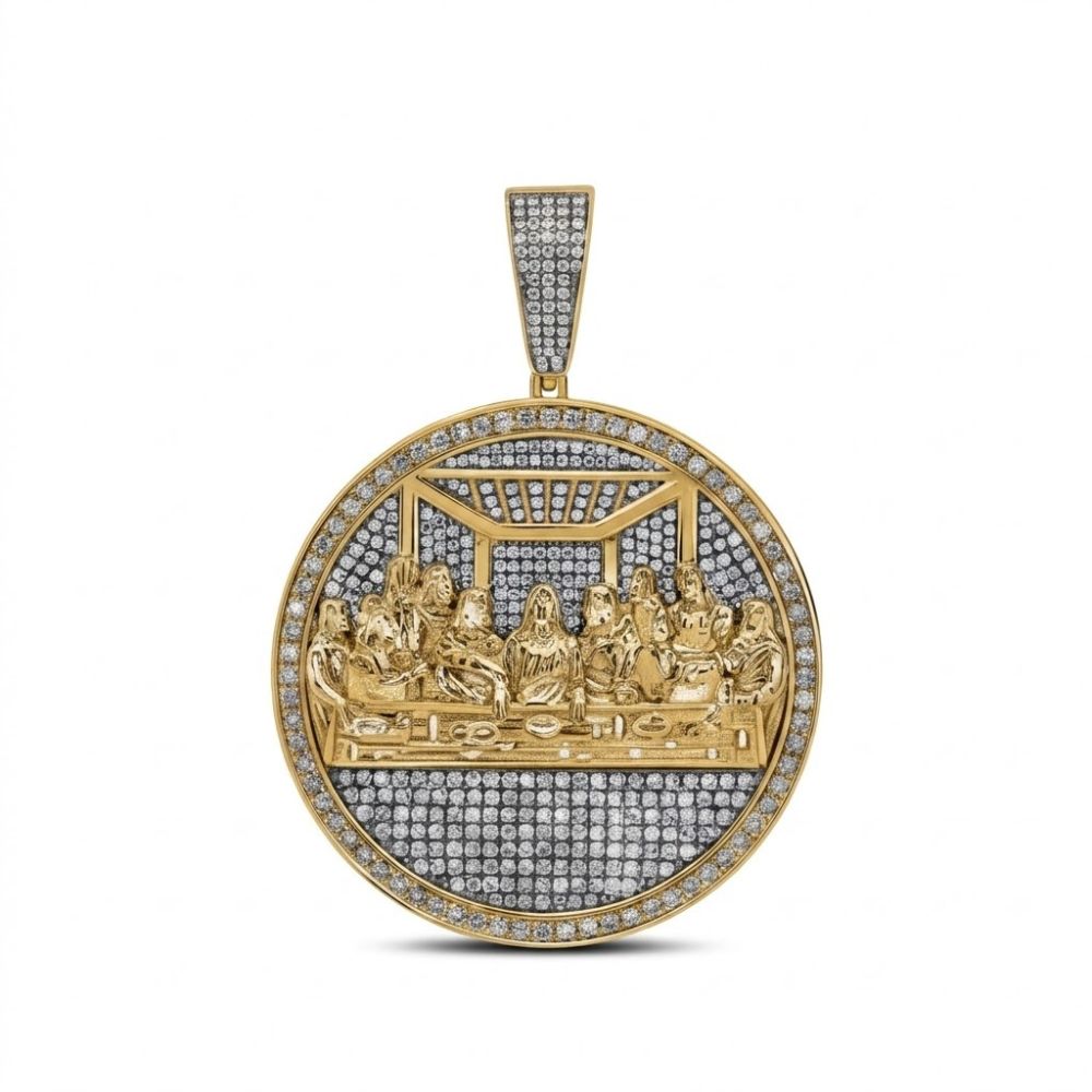 The 10k Gold 2CT Diamond Last Supper Men's Charm features a round, gold and silver design with diamond accents and a three-dimensional depiction of Jesus and his disciples—a striking piece of faith-inspired jewelry.