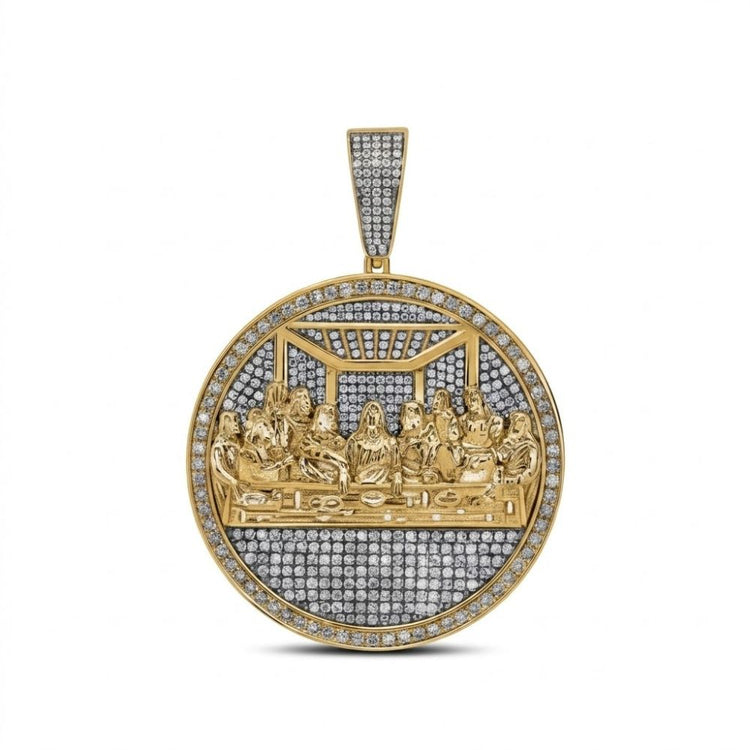 The 10k Gold 2CT Diamond Last Supper Men's Charm features a round, gold and silver design with diamond accents and a three-dimensional depiction of Jesus and his disciples—a striking piece of faith-inspired jewelry.