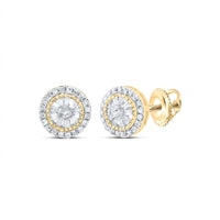 The 10k Gold Round Baguette Diamond Earrings 1/5 CTW feature a central diamond cluster, two halos of smaller round diamonds, and a secure screw-back closure for an elegant finish.