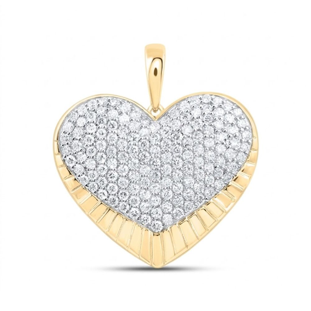 The 10K Yellow Gold Diamond Heart Pendant 1 1/5 Cttw features natural diamonds at its center, set in 10K yellow gold with a polished border and engraved lines along the bottom.