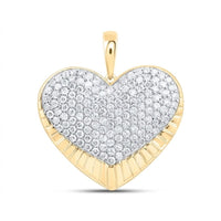 The 10K Yellow Gold Diamond Heart Pendant 1 1/5 Cttw features natural diamonds at its center, set in 10K yellow gold with a polished border and engraved lines along the bottom.