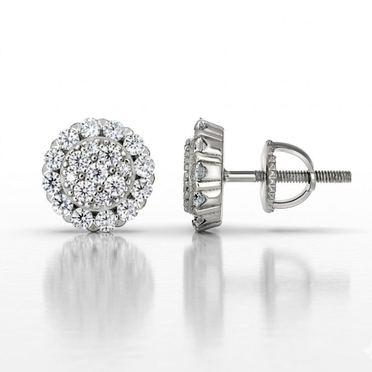 925 Sterling Silver Womens Round Moissanite Fashion Stud Earrings feature a stylish halo design with sparkling stones set in white metal—a striking addition to any jewelry collection.