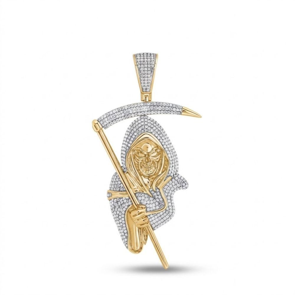 The 10k Gold Diamond Reaper Men's Charm 2CTW features a Grim Reaper with scythe, encrusted with diamonds and set against a plain white background—an eye-catching men's pendant.