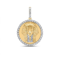The Egyptian Face Diamond Pendant 1/4 CTW Silver features a round design in yellow sterling silver with an engraved pharaoh’s head, white gemstones border, and a natural diamond bail for easy attachment to your chain.