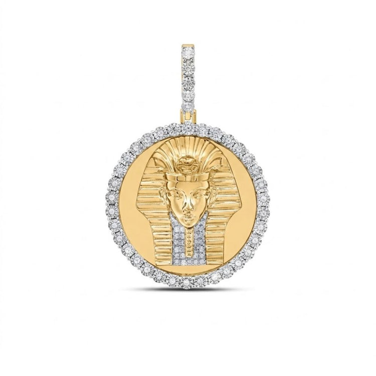 The Egyptian Face Diamond Pendant 1/4 CTW Silver features a round design in yellow sterling silver with an engraved pharaoh’s head, white gemstones border, and a natural diamond bail for easy attachment to your chain.