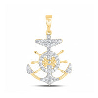 Elegant 10k yellow gold anchor pendant with ship wheel, featuring 1/5 CTW natural diamonds. This nautical jewelry piece adds a sparkling touch to any outfit, showcased on a plain white background.