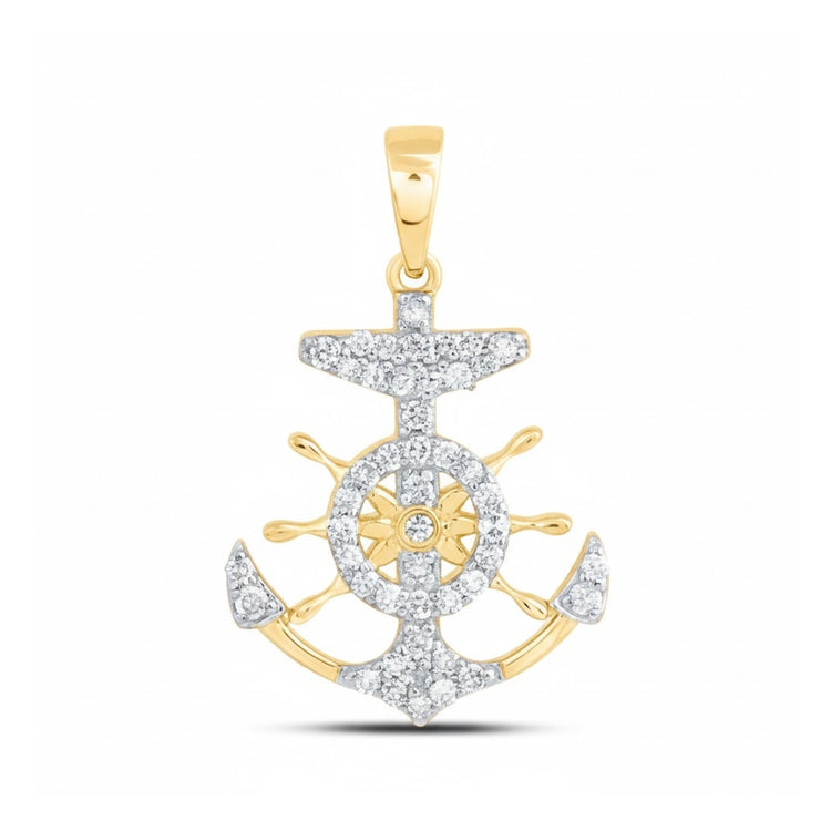 Elegant 10k yellow gold anchor pendant with ship wheel, featuring 1/5 CTW natural diamonds. This nautical jewelry piece adds a sparkling touch to any outfit, showcased on a plain white background.